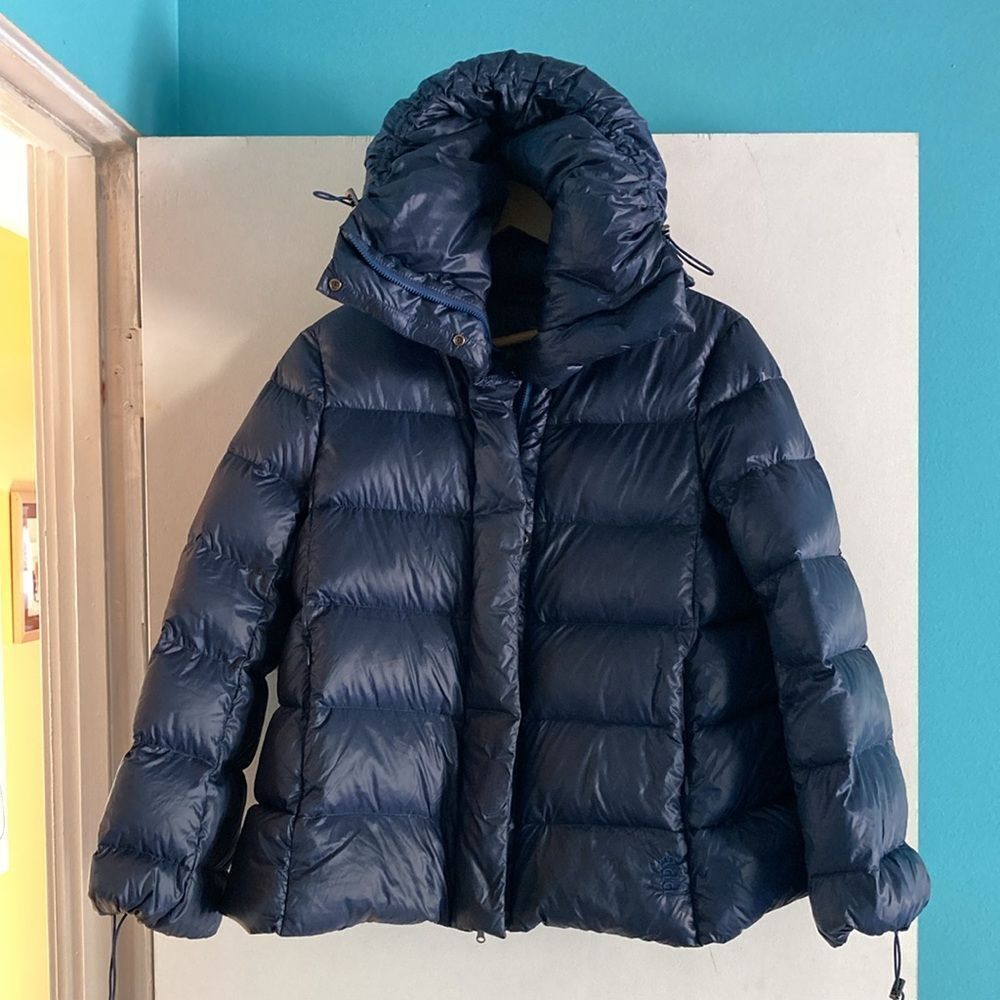 Add Italy Down Jacket Womens Size M Navy Blue Zip & Snap Lightweight Cocoon $840